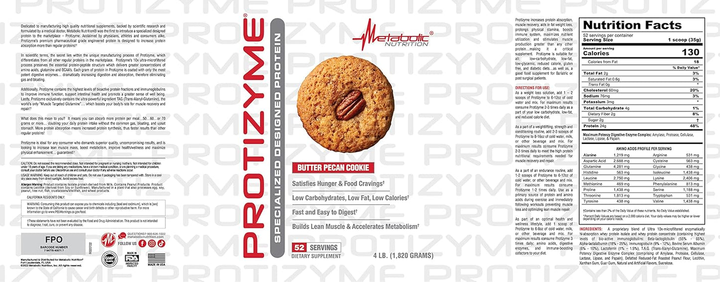 Protizyme 100% Whey Protein Powder with Digestive Enzymes, 24 Essential Vitamins & Minerals - High Protein, Low Carb, Low Fat - 4lb (52 Servings)