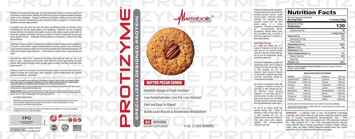 Protizyme 100% Whey Protein Powder with Digestive Enzymes, 24 Essential Vitamins & Minerals - High Protein, Low Carb, Low Fat - 4lb (52 Servings)