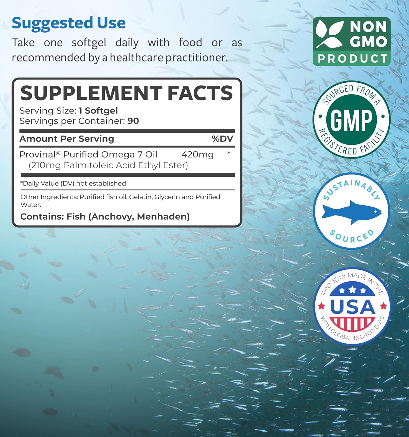 Provinal Omega 7 Softgels - Pure Peruvian Anchovy Fish Oil Supplement - Non-GMO & Gluten Free - 3 Month Supply of 90 Capsules