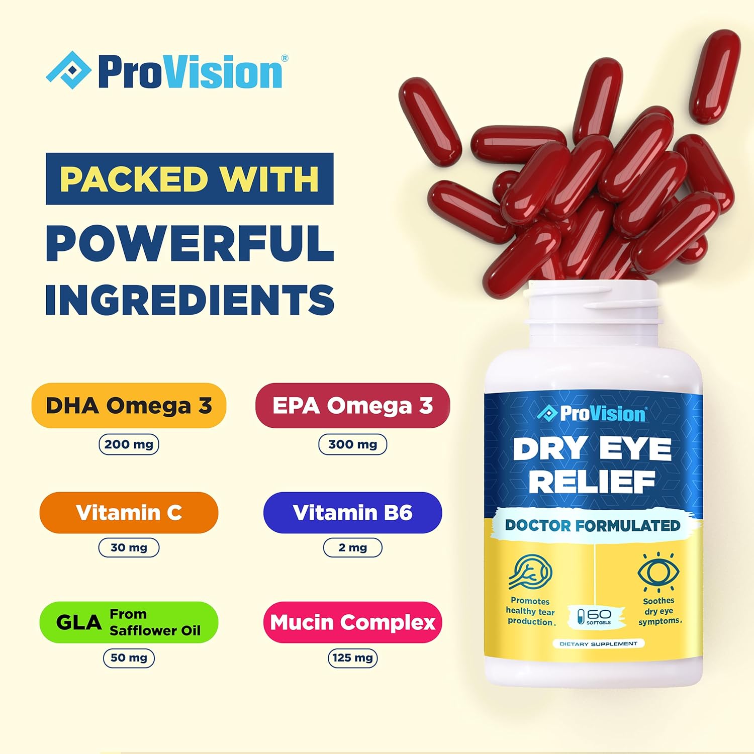 ProVision Omega 3 Dry Eye Supplements - Eye Vitamins with Omega 3 Fish Oil for Dry Eyes - 60 Softgels for Eye Support and Relief