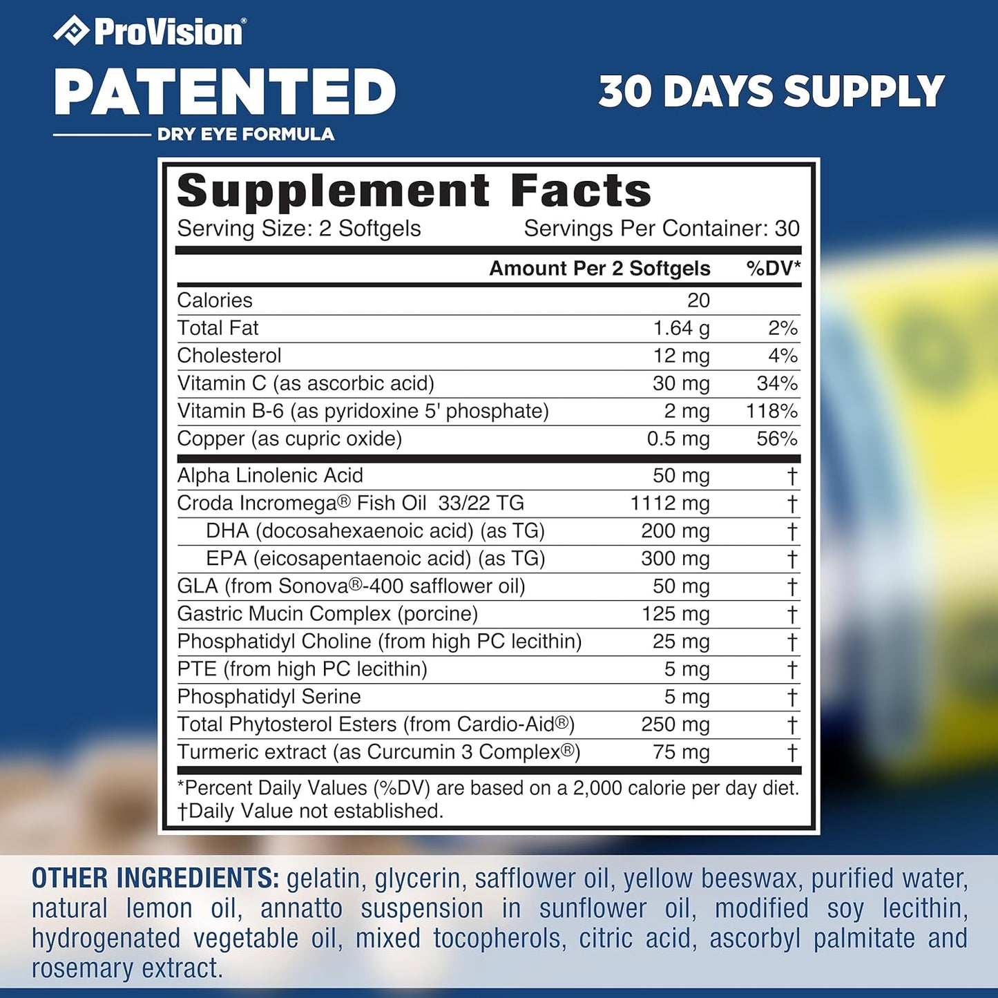 ProVision Omega 3 Dry Eye Supplements - Eye Vitamins with Omega 3 Fish Oil for Dry Eyes - 60 Softgels for Eye Support and Relief