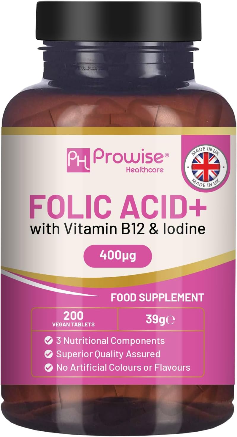 Prowise Healthcare Folic Acid+ 400mcg - Vegan Tablets with Vitamin B12 & Iodine for Pregnancy Care - Made in UK by Prowise