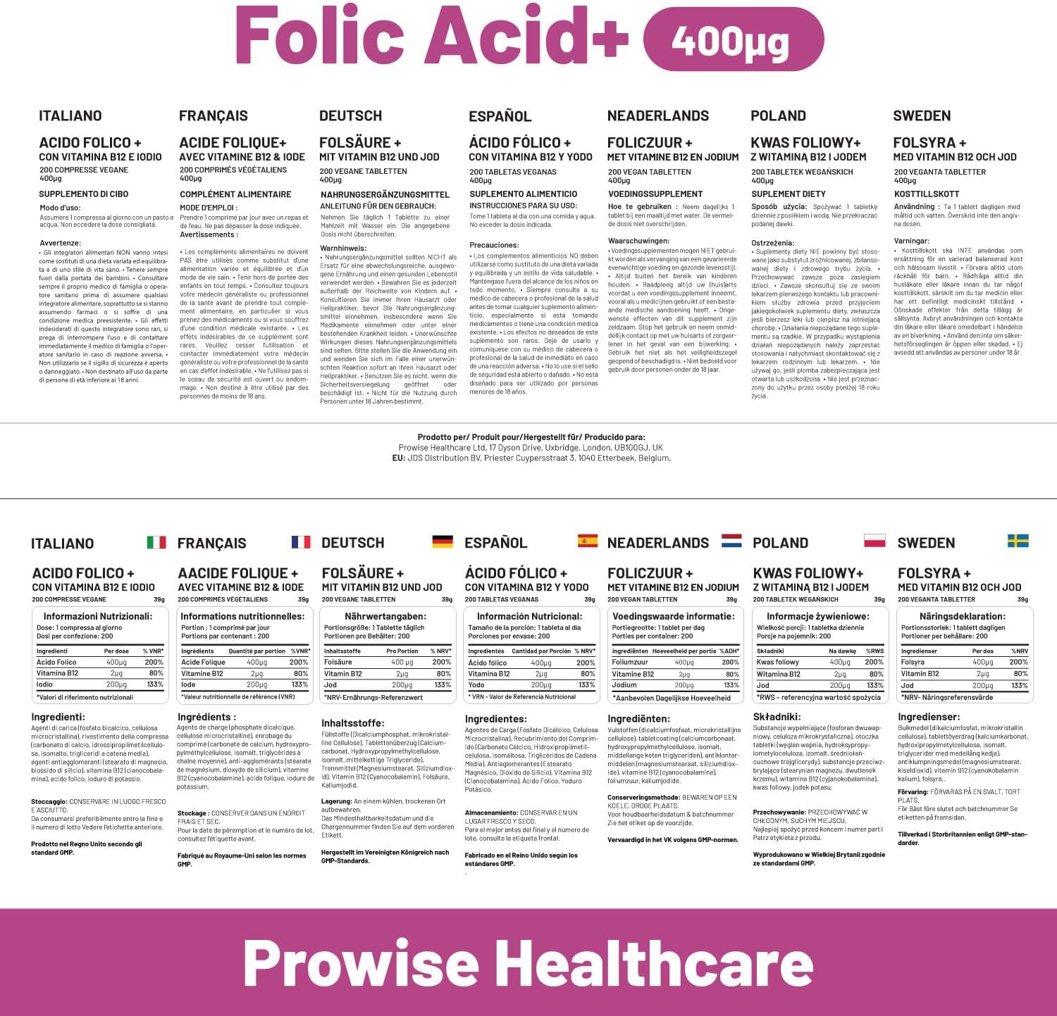 Prowise Healthcare Folic Acid+ 400mcg - Vegan Tablets with Vitamin B12 & Iodine for Pregnancy Care - Made in UK by Prowise