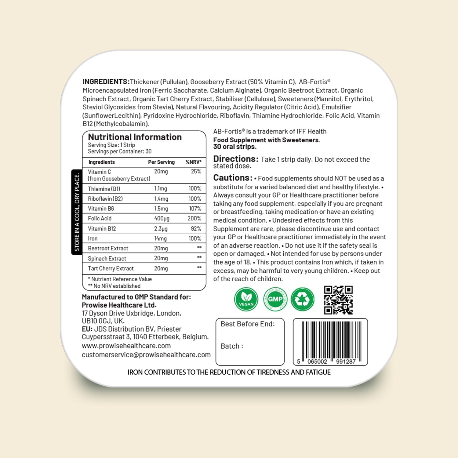 Prowise Healthcare PROSTRIP® Iron+ AB-Fortis® 14mg with Vitamin C, B1, B2, B6, Folic Acid - 30 Oral Vegan Strips