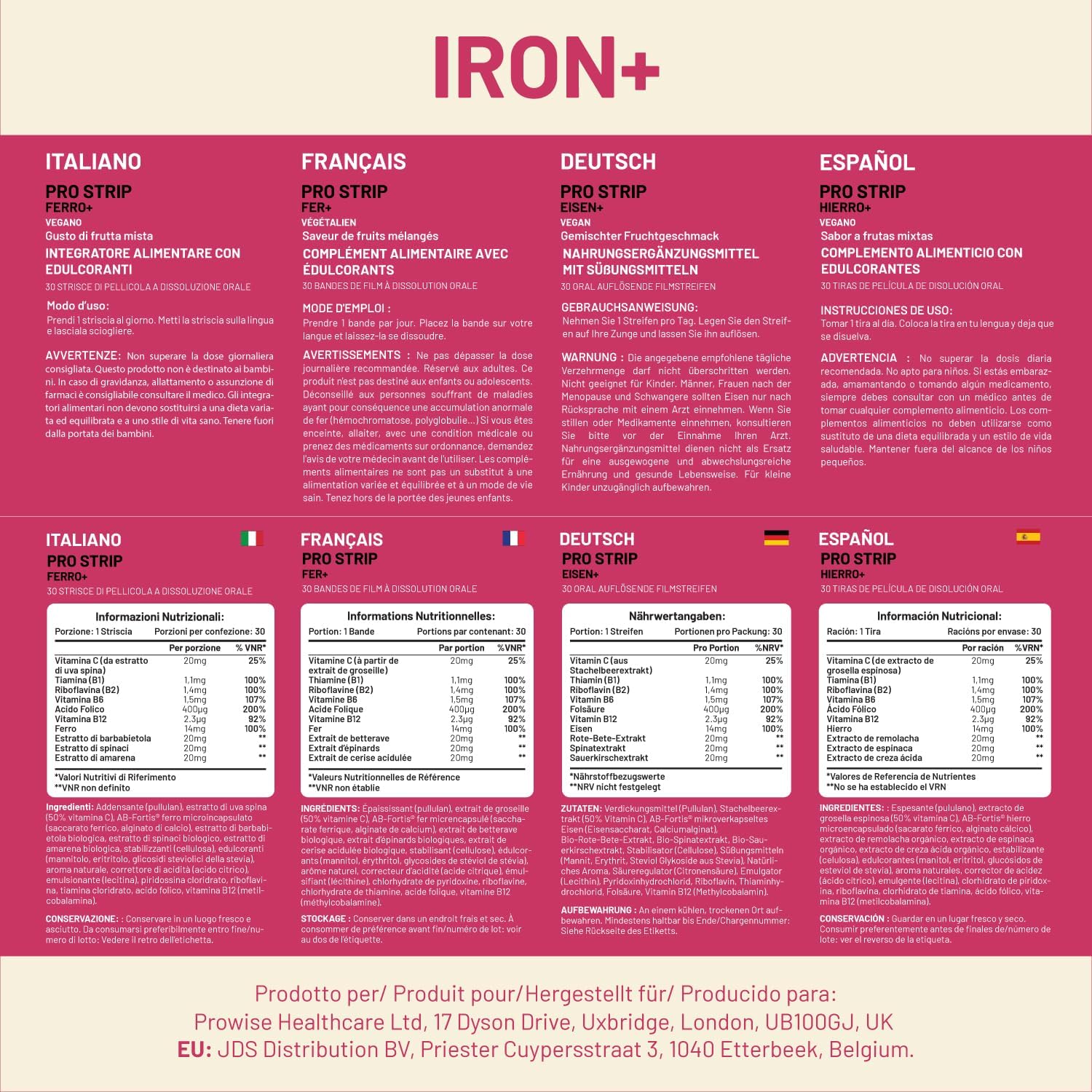 Prowise Healthcare PROSTRIP® Iron+ AB-Fortis® 14mg with Vitamin C, B1, B2, B6, Folic Acid - 30 Oral Vegan Strips