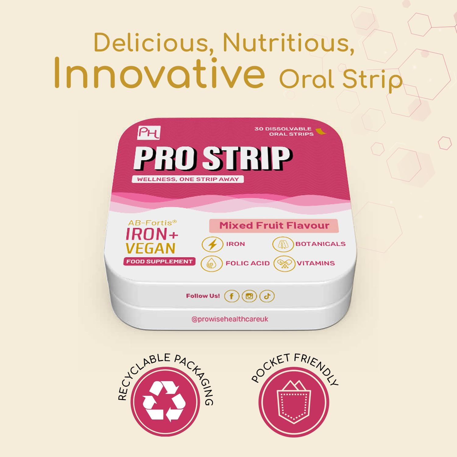 Prowise Healthcare PROSTRIP® Iron+ AB-Fortis® 14mg with Vitamin C, B1, B2, B6, Folic Acid - 30 Oral Vegan Strips