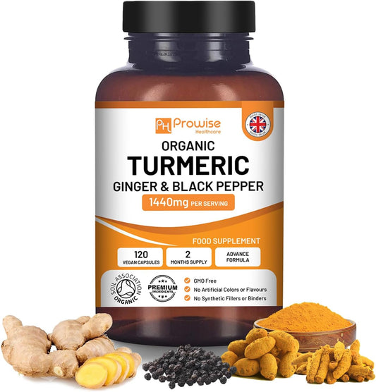 Prowise Healthcare Turmeric Curcumin Capsules - 1440mg with Black Pepper & Ginger - 120 Vegan Capsules - High Strength UK-Made Supplement