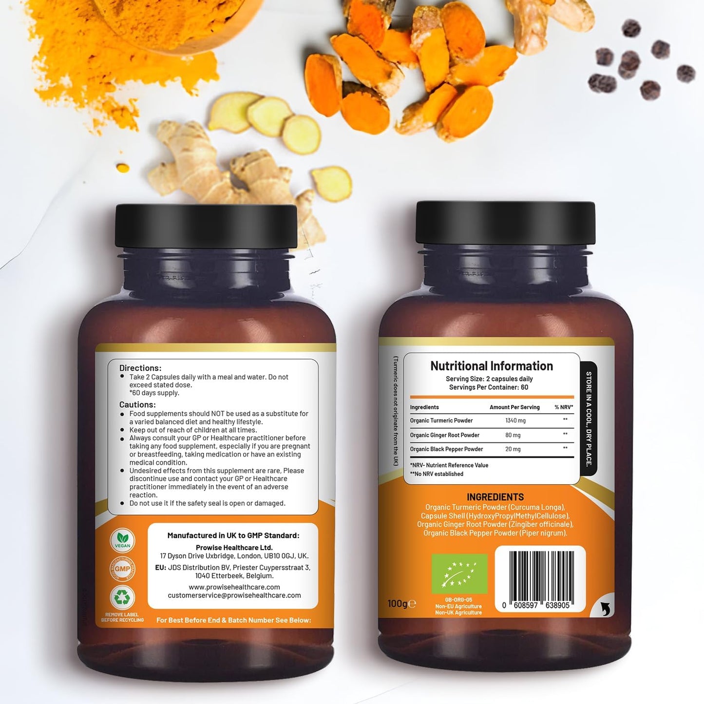 Prowise Healthcare Turmeric Curcumin Capsules - 1440mg with Black Pepper & Ginger - 120 Vegan Capsules - High Strength UK-Made Supplement