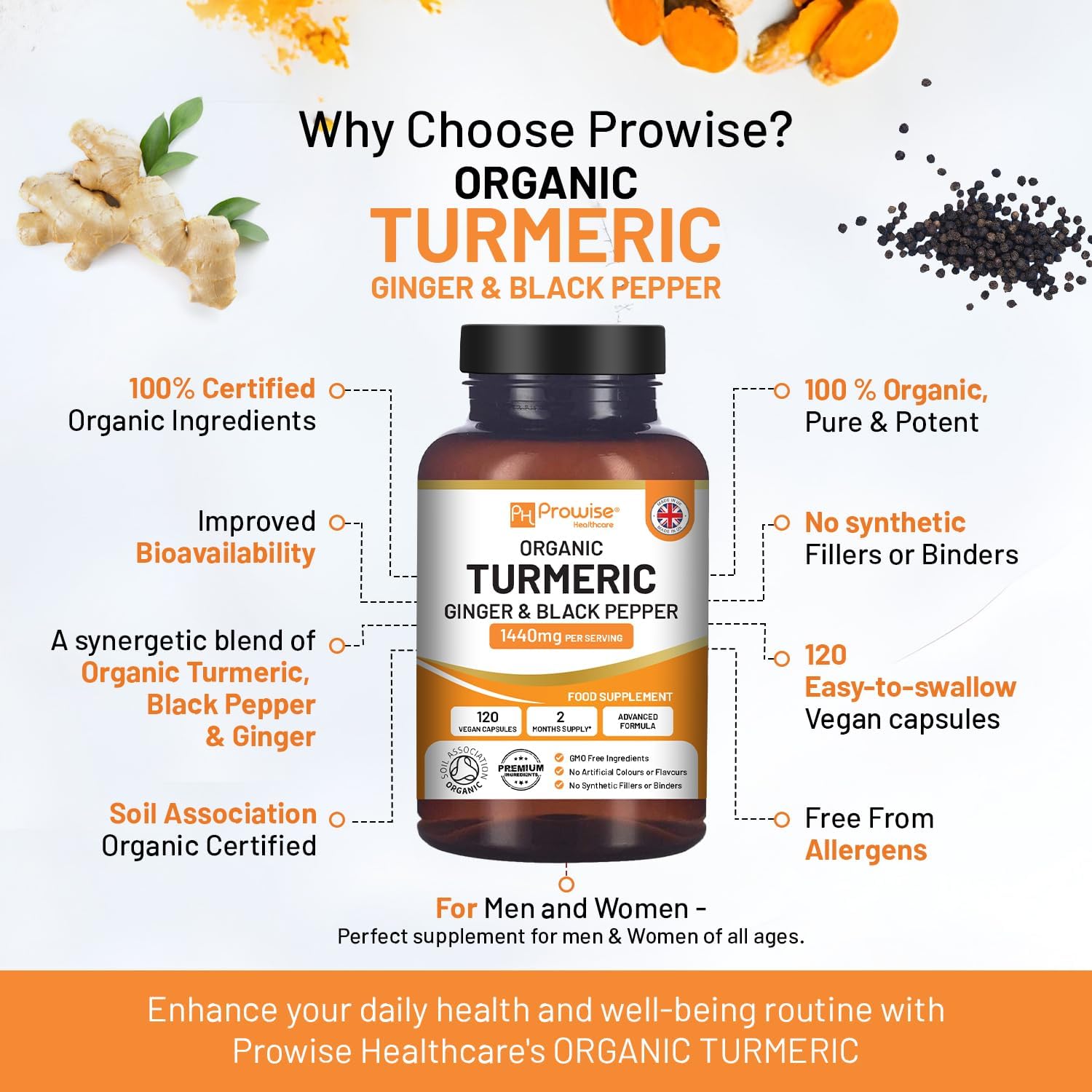Prowise Healthcare Turmeric Curcumin Capsules - 1440mg with Black Pepper & Ginger - 120 Vegan Capsules - High Strength UK-Made Supplement