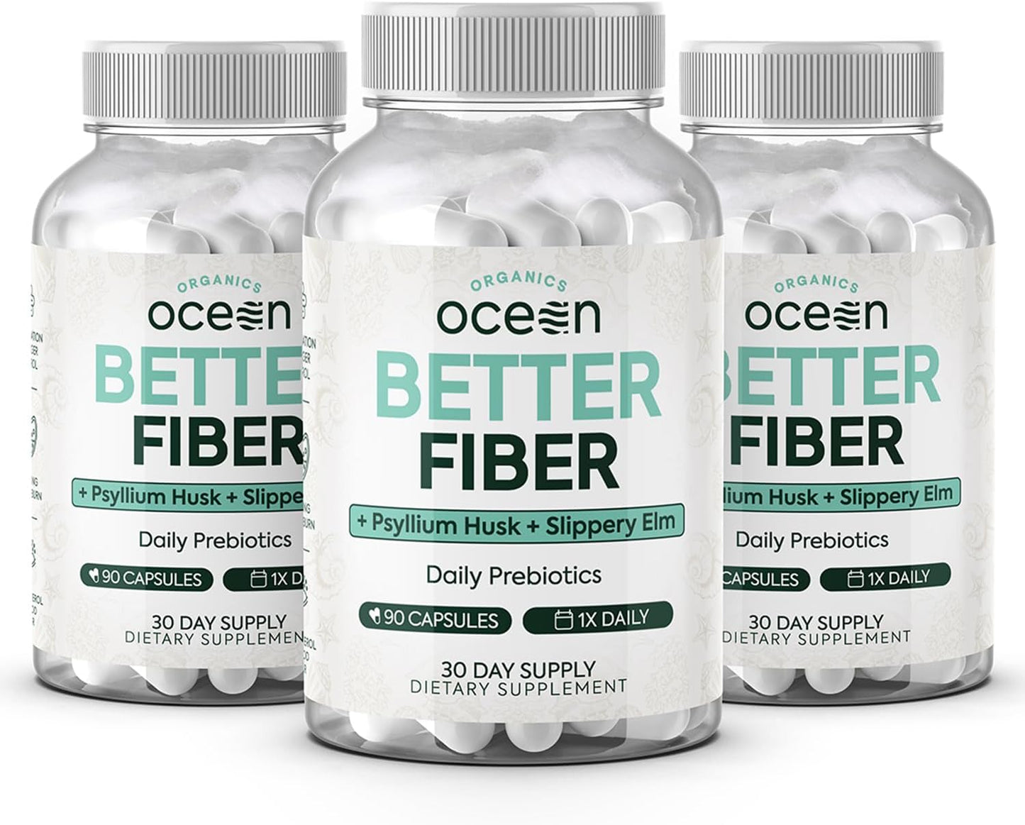 Psyllium and Slippery Elm Daily Fiber Supplement for Smooth Bowel Movements - 3 Bottles of Organics Ocean Better Fiber