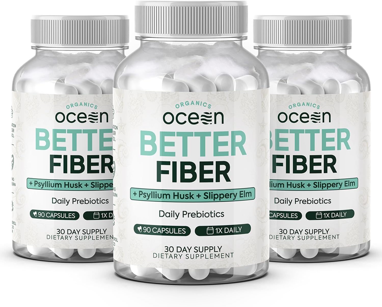 Psyllium and Slippery Elm Daily Fiber Supplement for Smooth Bowel Movements - 3 Bottles of Organics Ocean Better Fiber