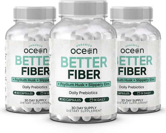 Psyllium and Slippery Elm Daily Fiber Supplement for Smooth Bowel Movements - 3 Bottles of Organics Ocean Better Fiber