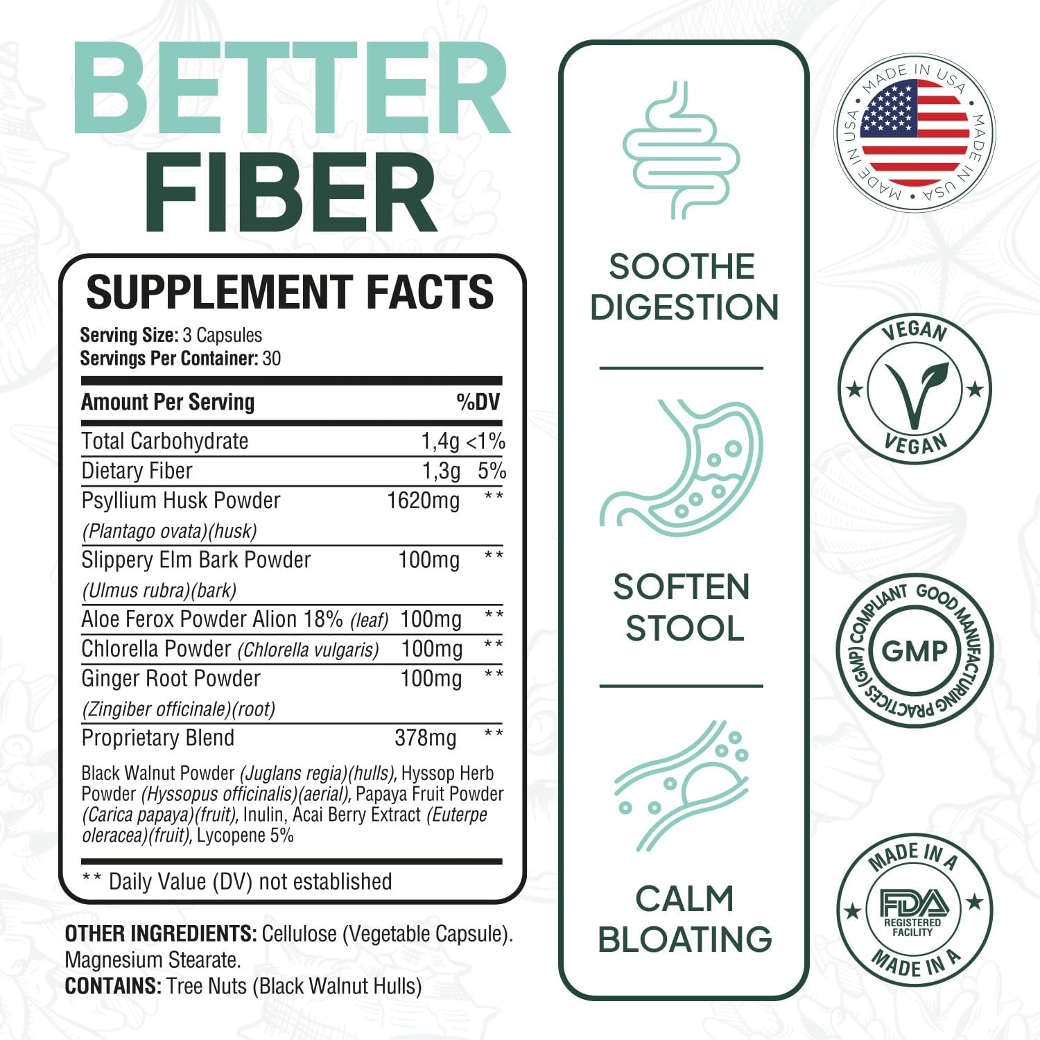 Psyllium and Slippery Elm Daily Fiber Supplement for Smooth Bowel Movements - 3 Bottles of Organics Ocean Better Fiber