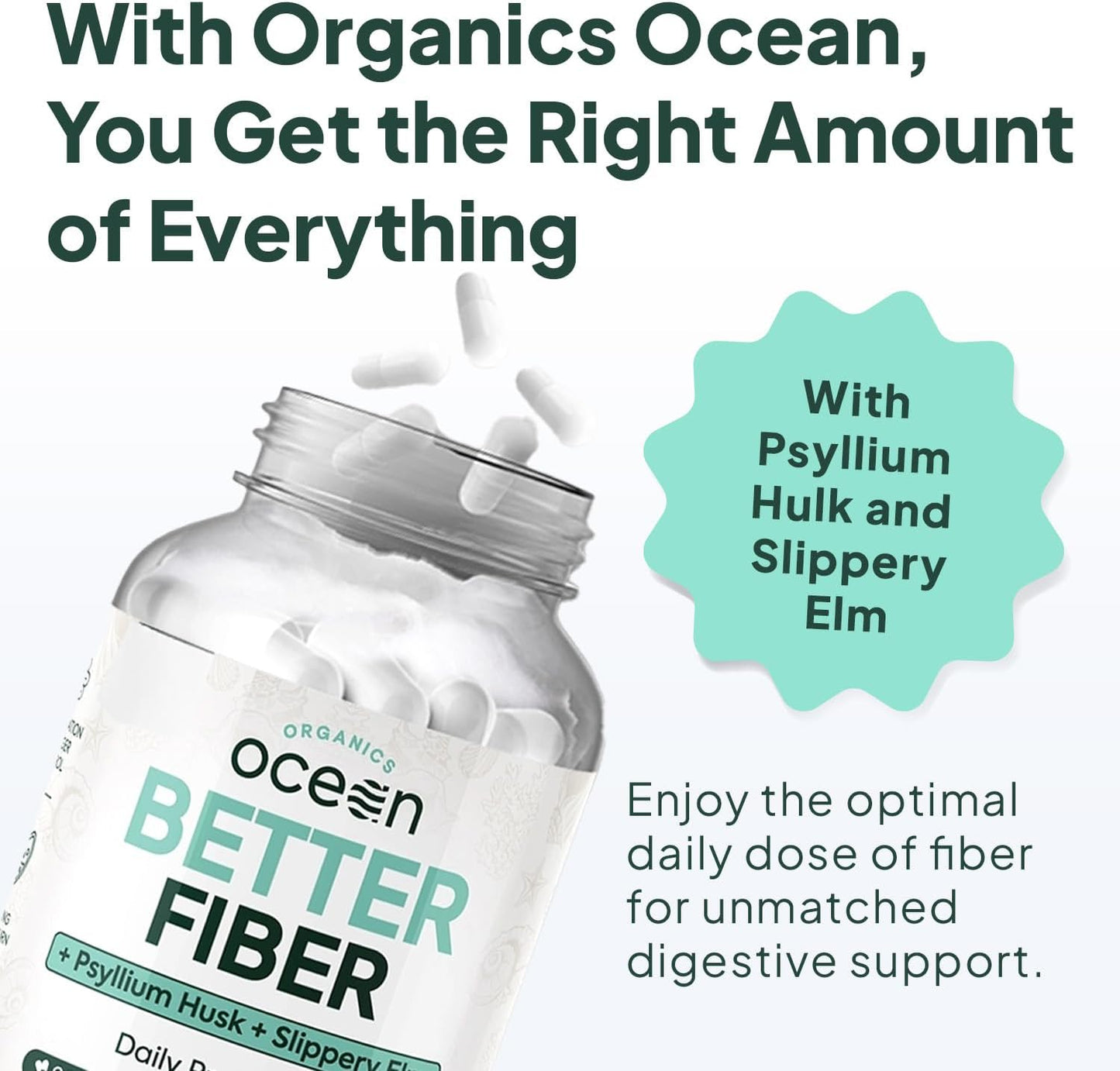 Psyllium and Slippery Elm Daily Fiber Supplement for Smooth Bowel Movements - 3 Bottles of Organics Ocean Better Fiber