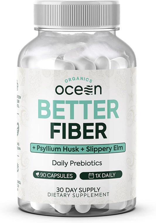 Psyllium and Slippery Elm Fiber Supplement - Promotes Smooth Bowel Movements - 90 Capsules - Organic Ocean Better Fiber