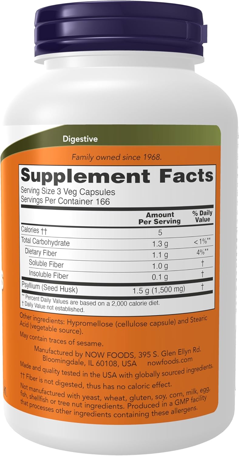 Psyllium Husk Capsules 500mg for Intestinal Health - Non-GMO, Natural Soluble Fiber - 500 Veg Capsules by NOW Foods