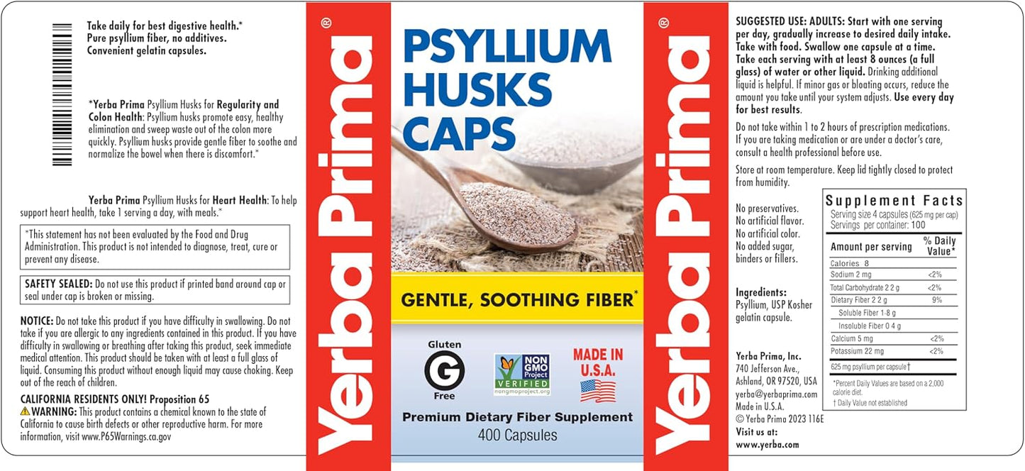 Psyllium Husk Capsules 625mg - 400ct - Natural Fiber Supplement for Men & Women - Digestive Regularity Support