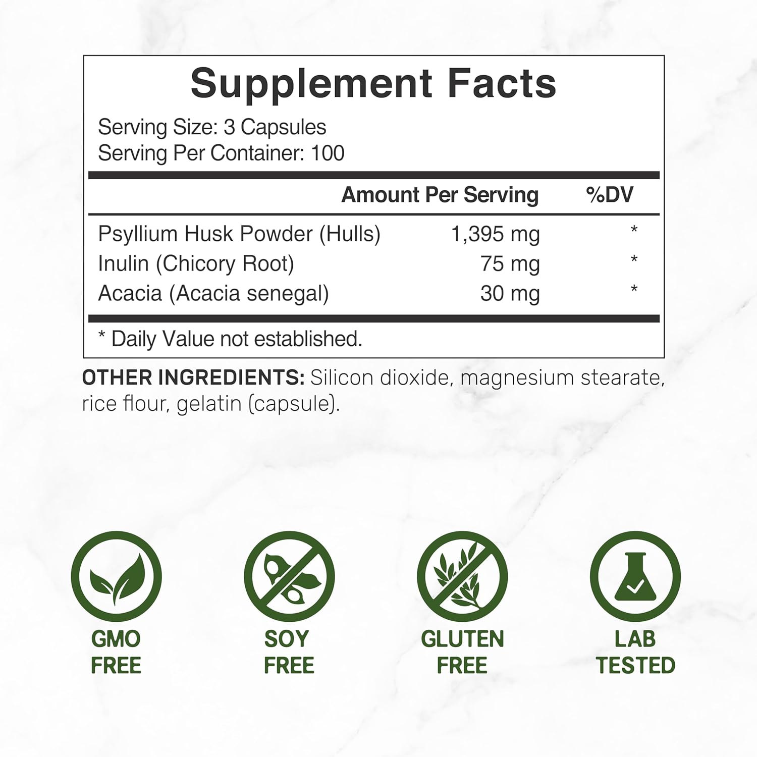 Psyllium Husk Fiber Supplement 1500mg, 300 Capsules - Inulin & Acacia Complex for Digestive Health - Plant Based, Non-GMO - Natural Soluble Fiber