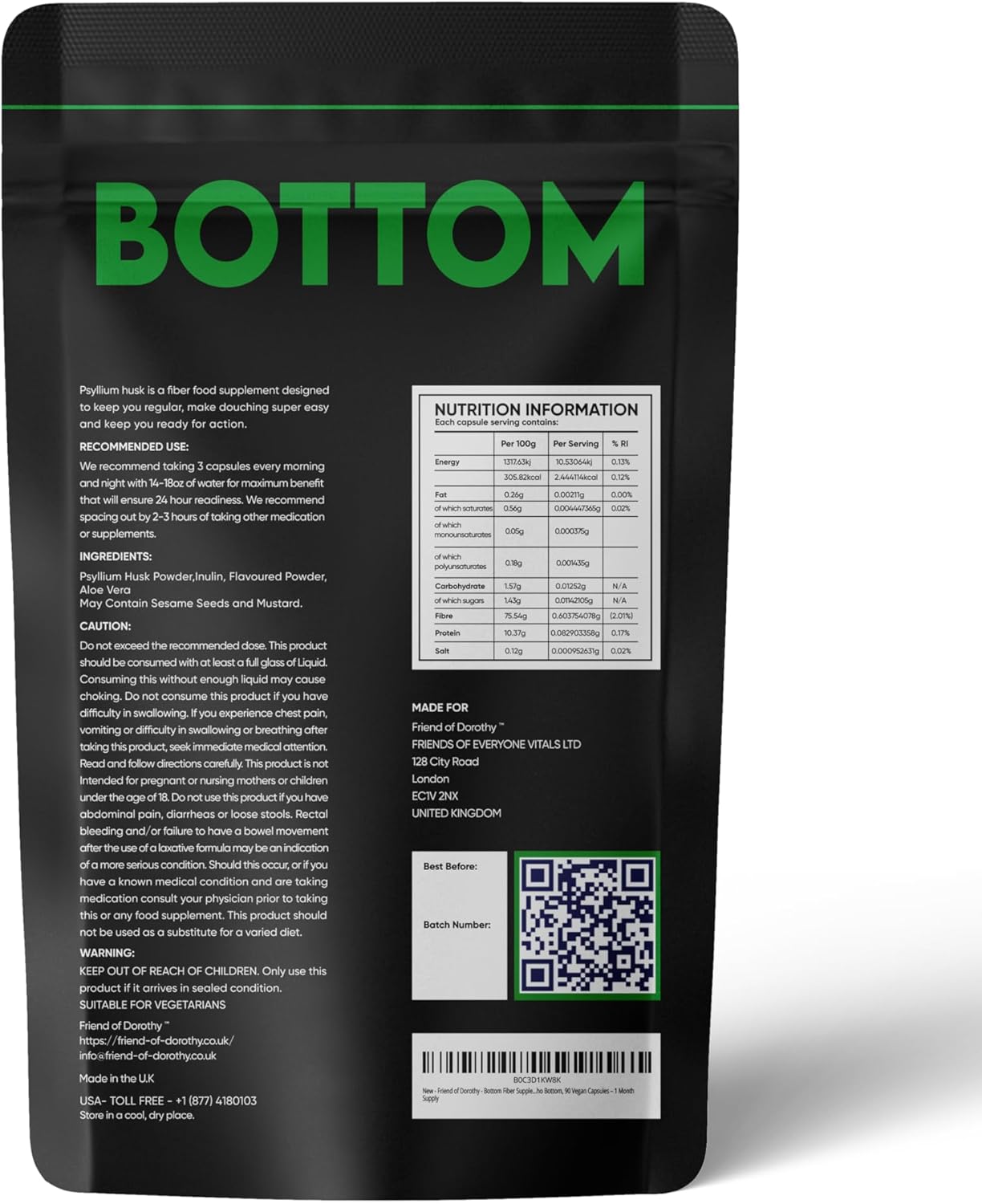 Psyllium Husk Fiber Supplement for Men Who Bottom - Promotes Digestive Regularity - 90 Vegan Capsules