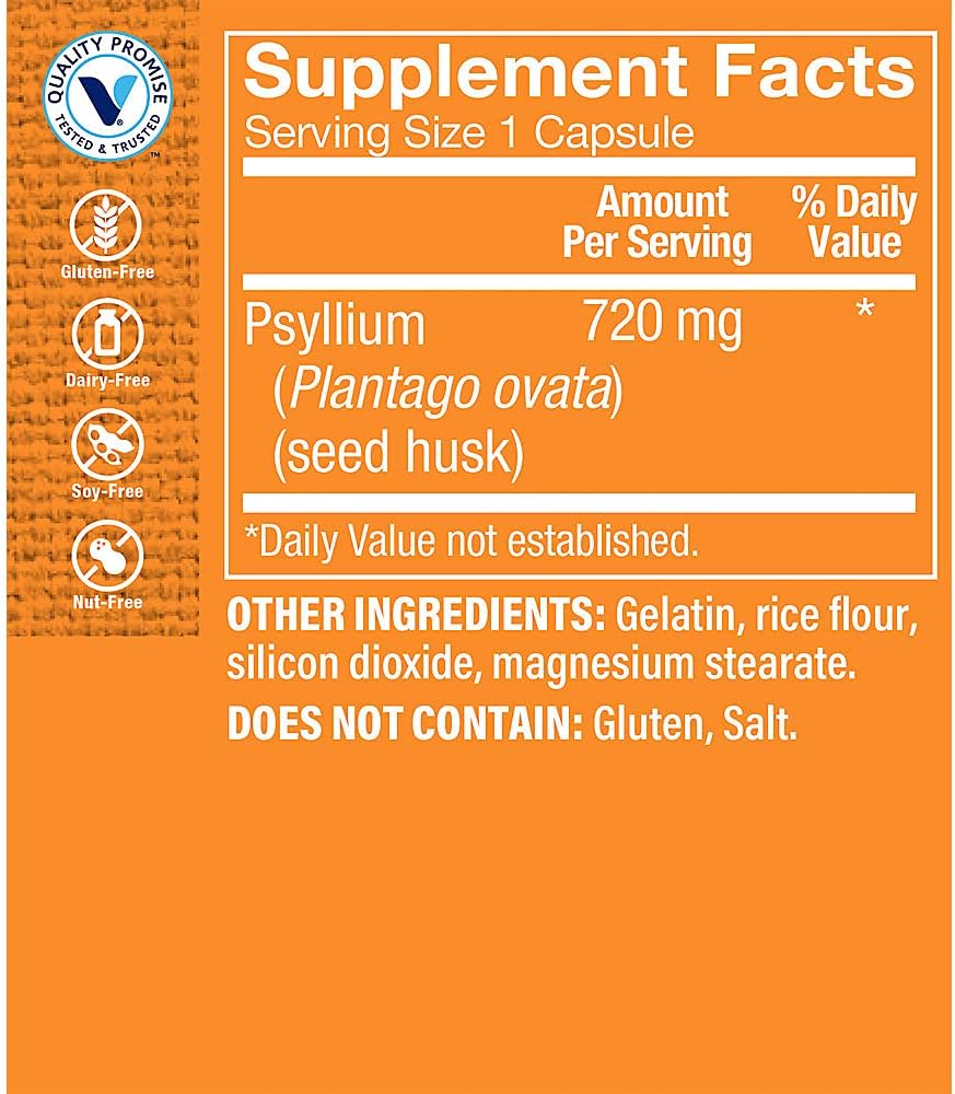 Psyllium Husk Fiber Supplement for Regularity & Healthy Cholesterol - 840mg per Serving - Gluten Free (100 Capsules)