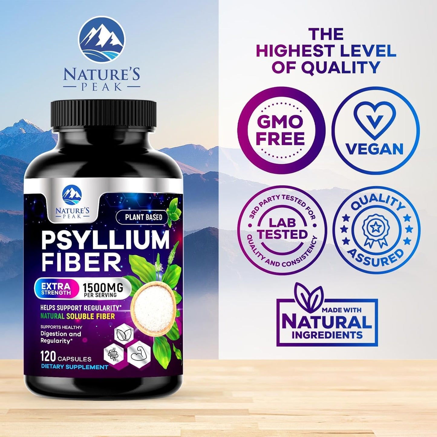 Psyllium Husk Powder Capsules 1500mg - Non-GMO Digestive Health Support - 120 Capsules