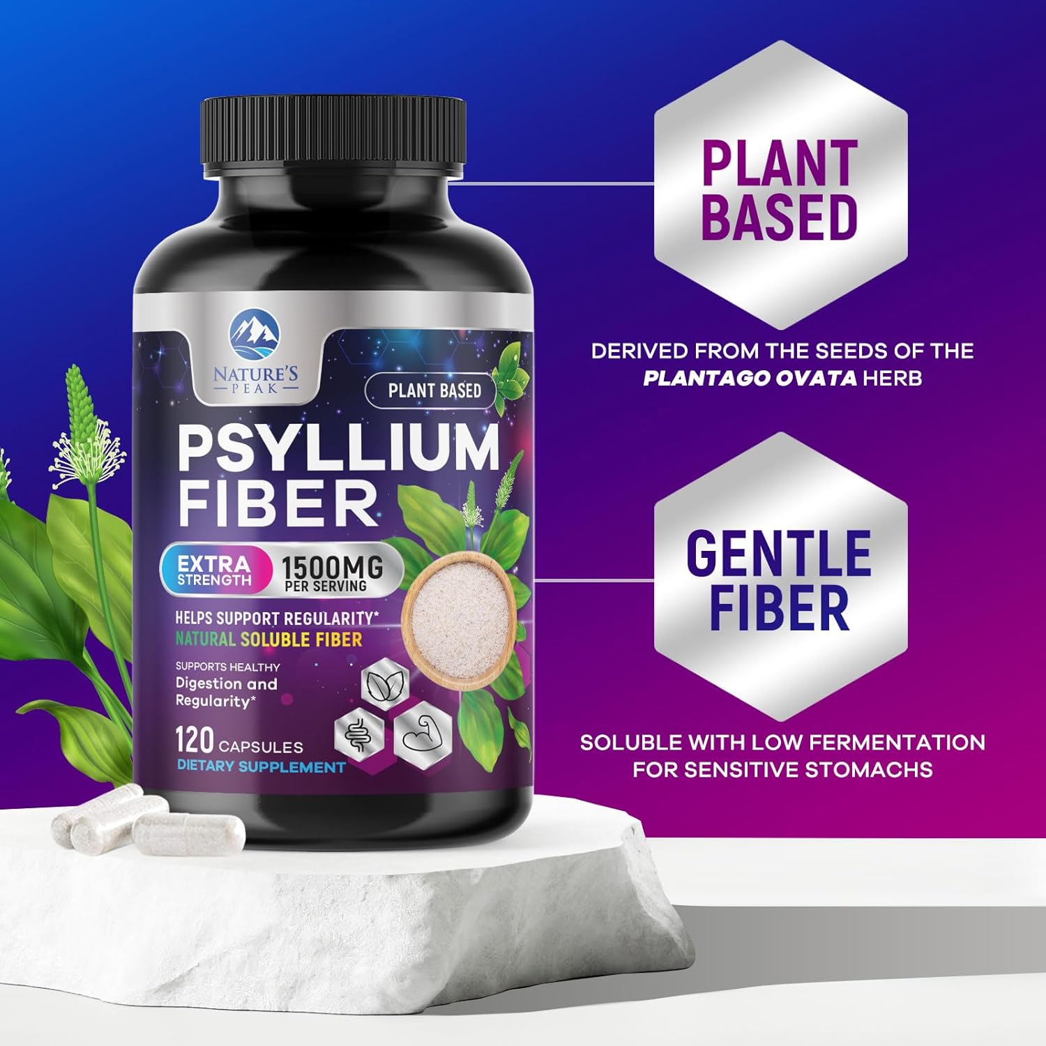 Psyllium Husk Powder Capsules 1500mg - Non-GMO Digestive Health Support - 120 Capsules
