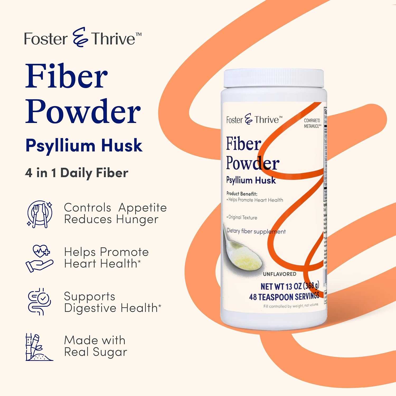 Psyllium Husk Powder Supplement for Digestive Health, 4-in-1 Fiber, Relieves Constipation, Original Flavor - 48 Doses x 3 Pack