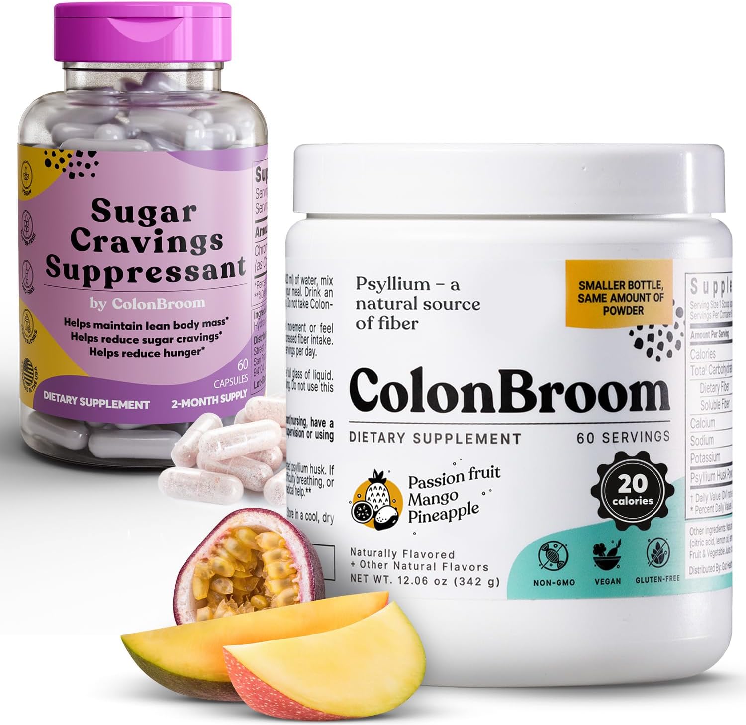 Psyllium Husk Powder with Chromium Picolinate for Sugar Craving Control - Colon Cleanser and Fiber Supplement (60 Servings Each)