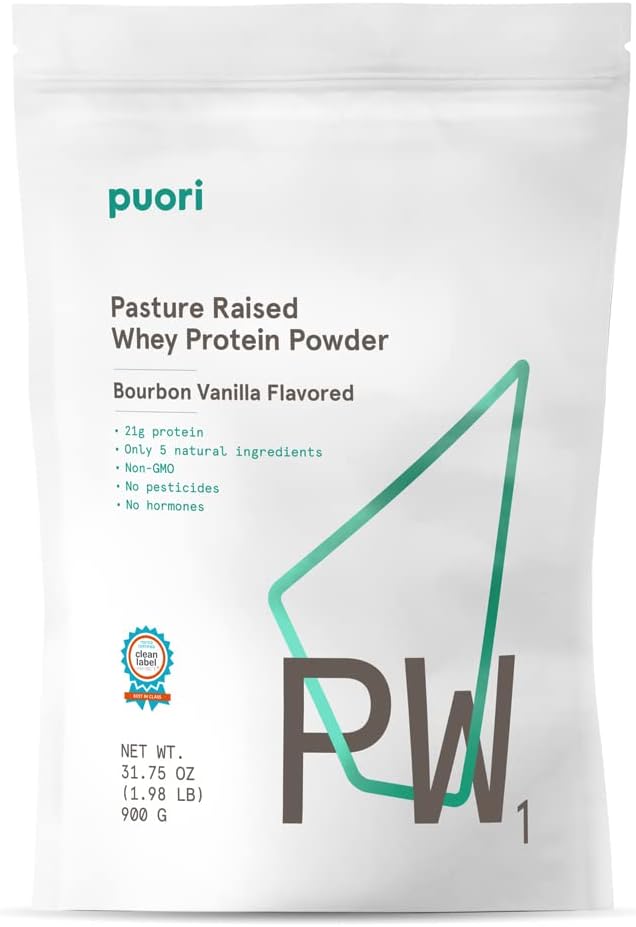 Puori Bourbon Vanilla Whey Protein Powder - PW1 Pasture Raised, Grass-Fed, Non-GMO - 100% Natural Muscle Growth - 21g Protein 1.98lbs - Gluten-Free