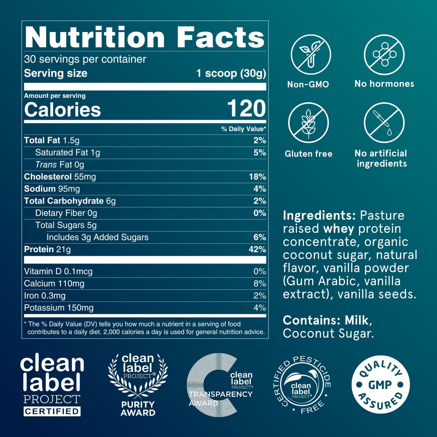 Puori Bourbon Vanilla Whey Protein Powder - PW1 Pasture Raised, Grass-Fed, Non-GMO - 100% Natural Muscle Growth - 21g Protein 1.98lbs - Gluten-Free