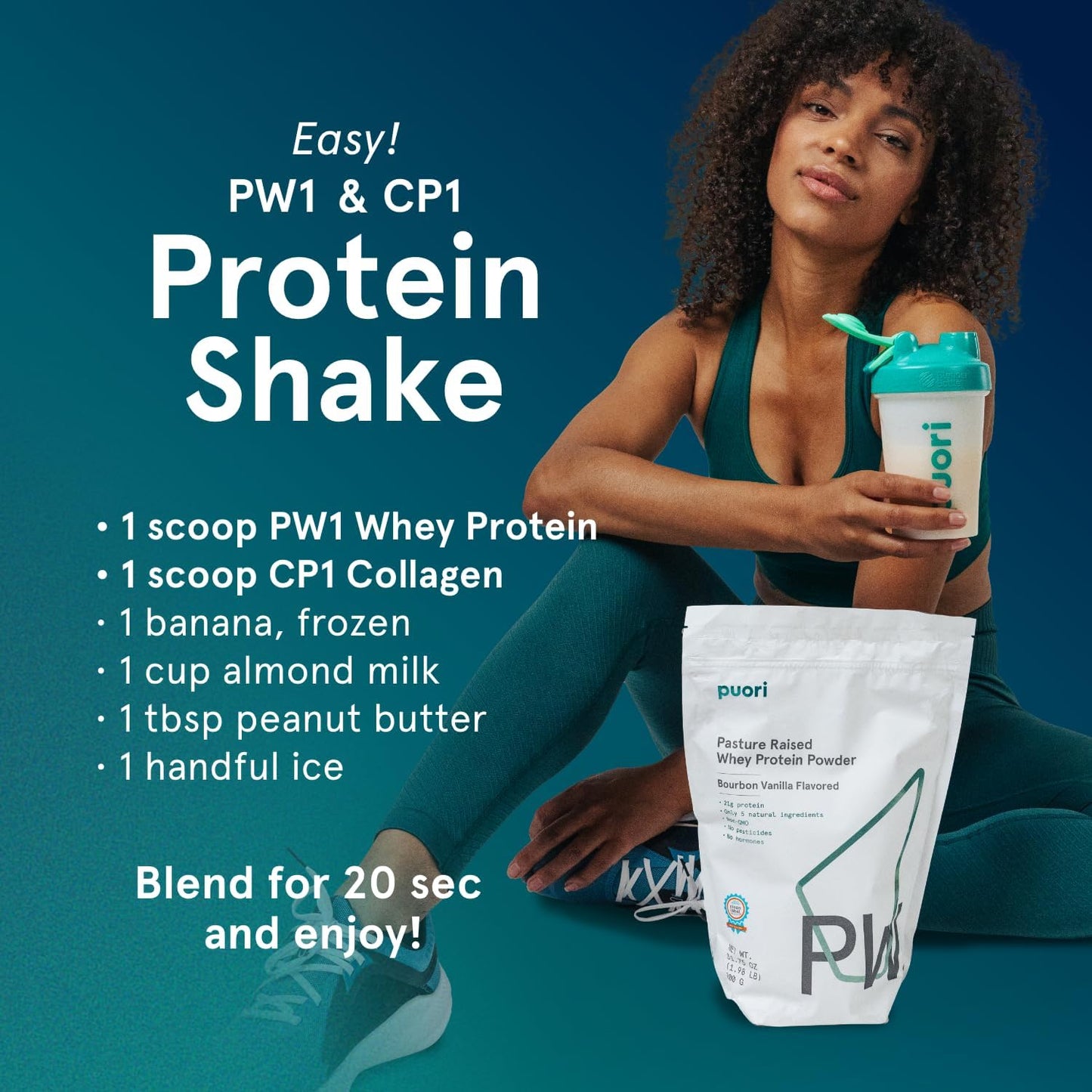Puori Bourbon Vanilla Whey Protein Powder - PW1 Pasture Raised, Grass-Fed, Non-GMO - 100% Natural Muscle Growth - 21g Protein 1.98lbs - Gluten-Free