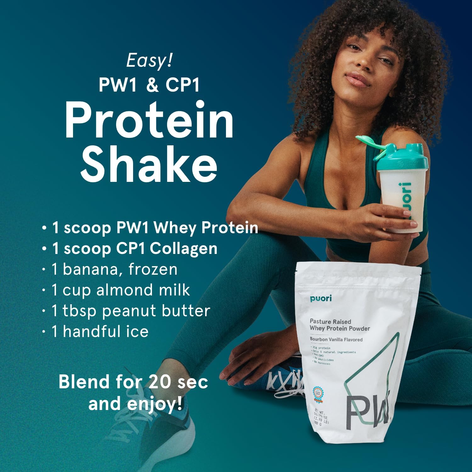 Puori Bourbon Vanilla Whey Protein Powder - PW1 Pasture Raised, Grass-Fed, Non-GMO - 100% Natural Muscle Growth - 21g Protein 1.98lbs - Gluten-Free