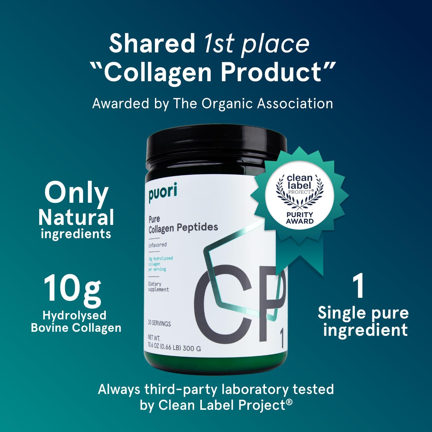 Puori CP1 Pure Collagen Peptides Powder for Hair, Skin, Nails & Joint Support - Hydrolyzed Protein, Unflavored - 30 Servings