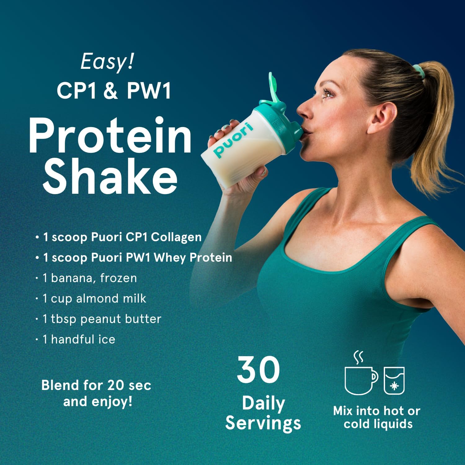 Puori CP1 Pure Collagen Peptides Powder for Hair, Skin, Nails & Joint Support - Hydrolyzed Protein, Unflavored - 30 Servings