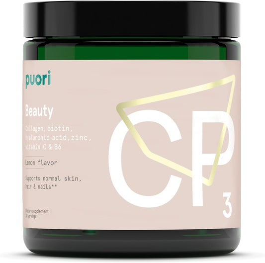 Puori CP3 Beauty Complex Collagen Powder Supplement with Biotin, Hyaluronic Acid, Zinc, Vitamin B & C for Skin, Hair, Nails - Lemon Flavor