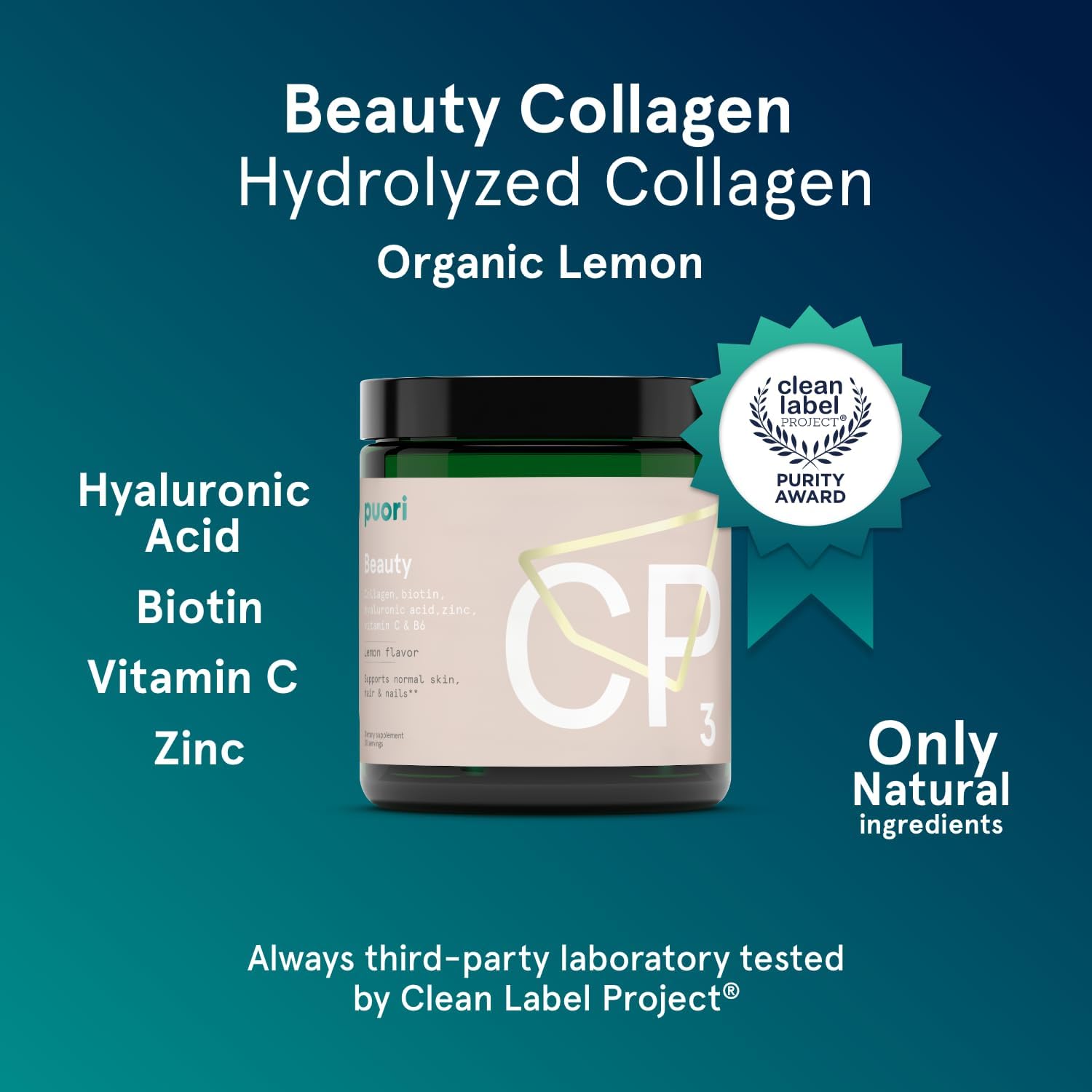 Puori CP3 Beauty Complex Collagen Powder Supplement with Biotin, Hyaluronic Acid, Zinc, Vitamin B & C for Skin, Hair, Nails - Lemon Flavor