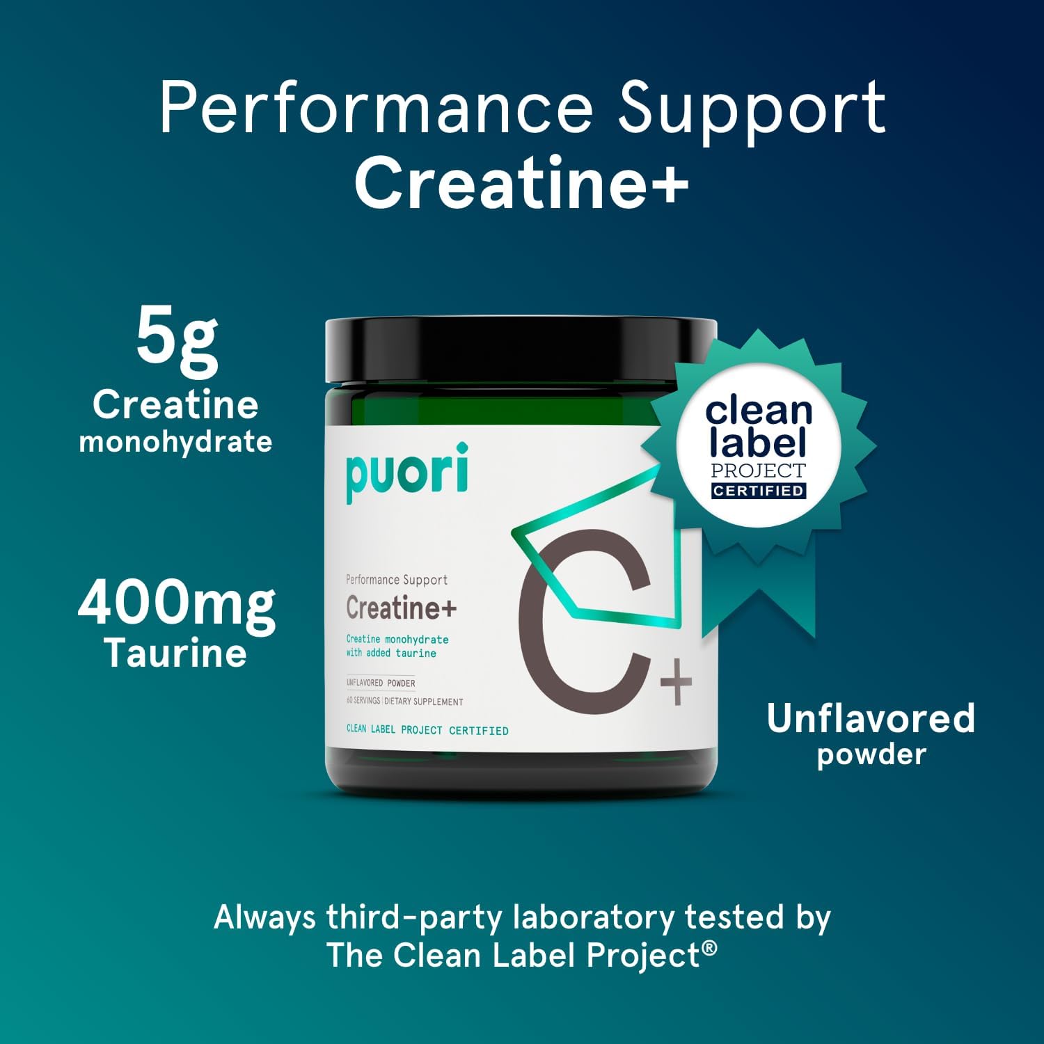 Puori Creatine Monohydrate Powder with Taurine - Unflavored Pre-Workout Supplement for Enhanced Strength & Performance - 60 Servings