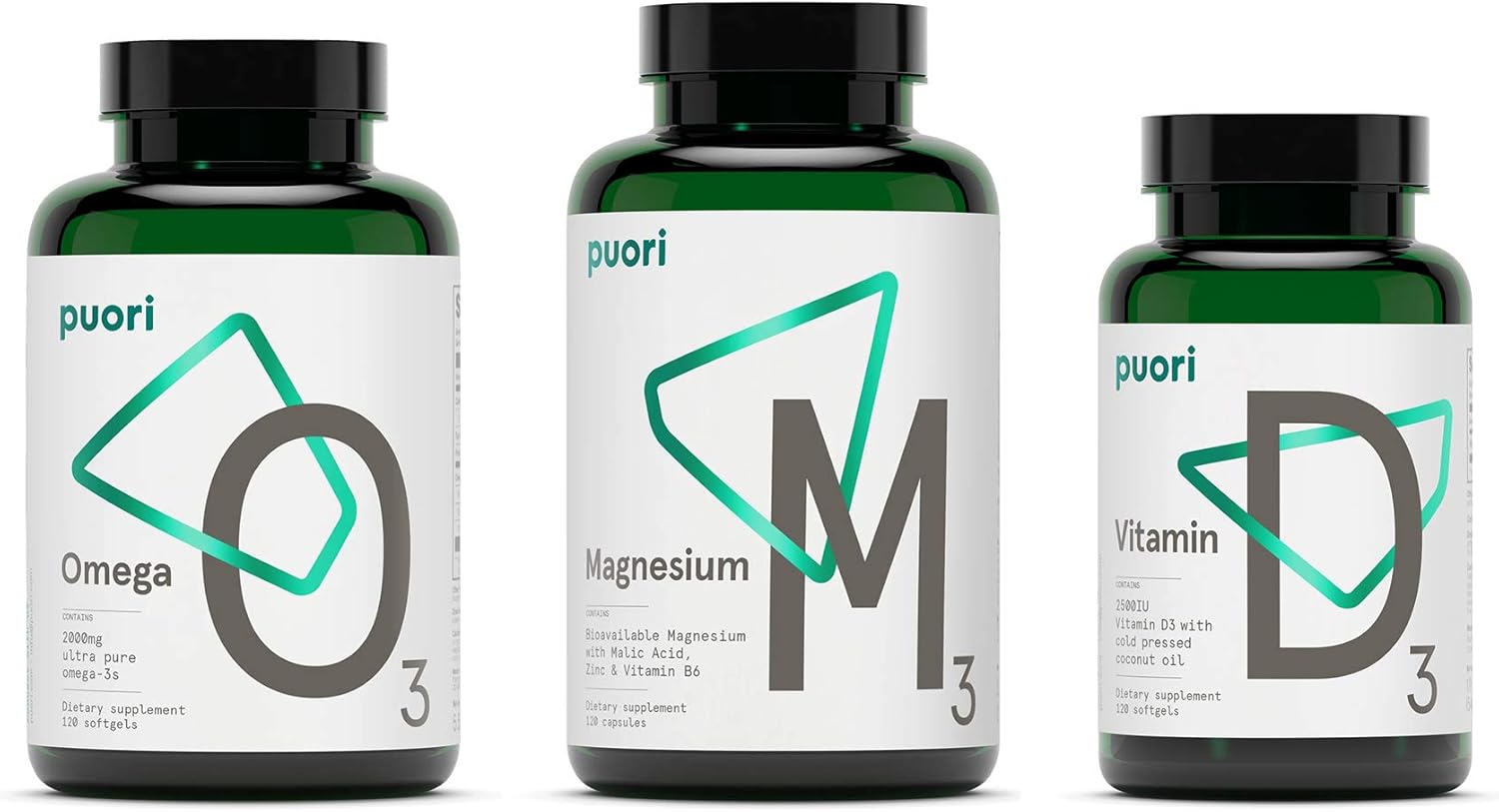 Puori Health Essentials Bundle Pack - 3 Bottles x 120 Capsules - Omega 3 Fish Oil, Magnesium, and Vitamin D3 - Purity Tested