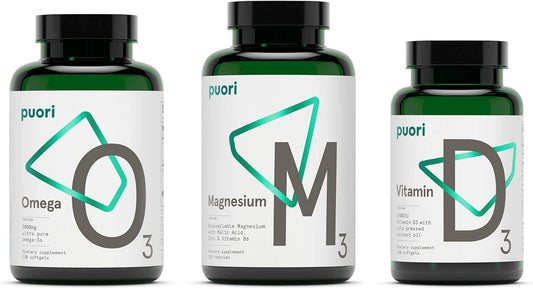 Puori Health Essentials Bundle Pack - 3 Bottles x 120 Capsules - Omega 3 Fish Oil, Magnesium, and Vitamin D3 - Purity Tested