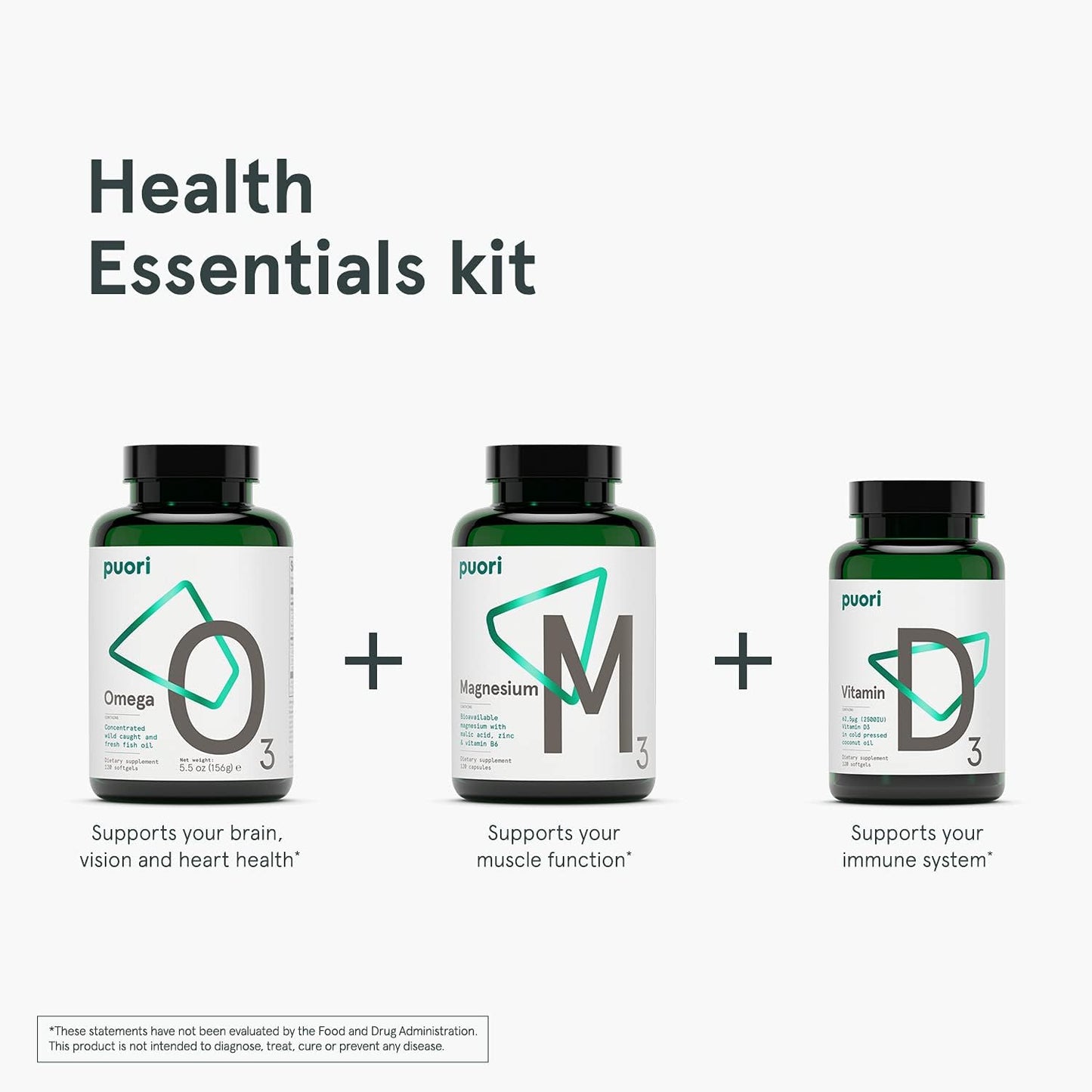 Puori Health Essentials Bundle Pack - 3 Bottles x 120 Capsules - Omega 3 Fish Oil, Magnesium, and Vitamin D3 - Purity Tested