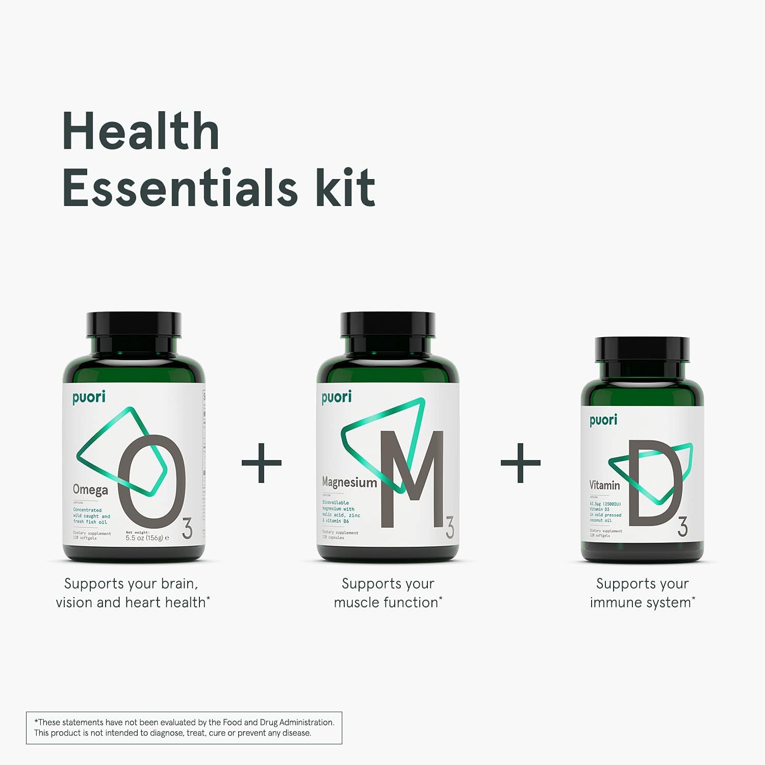 Puori Health Essentials Bundle Pack - 3 Bottles x 120 Capsules - Omega 3 Fish Oil, Magnesium, and Vitamin D3 - Purity Tested