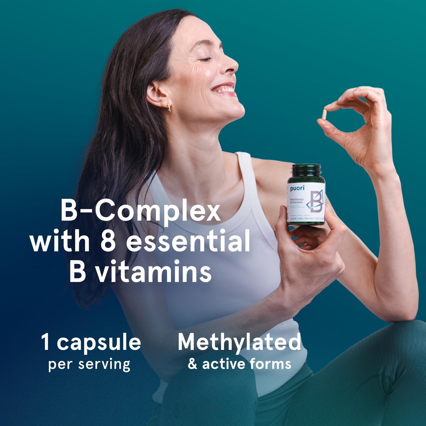 Puori Pure Energy Vitamin B-Complex with 8 Essential Active & Methylated Vitamins - Thiamin, Riboflavin, Niacin, B6, Folate, B12, Biotin, Inositol, Pantothenic Acid & Choline