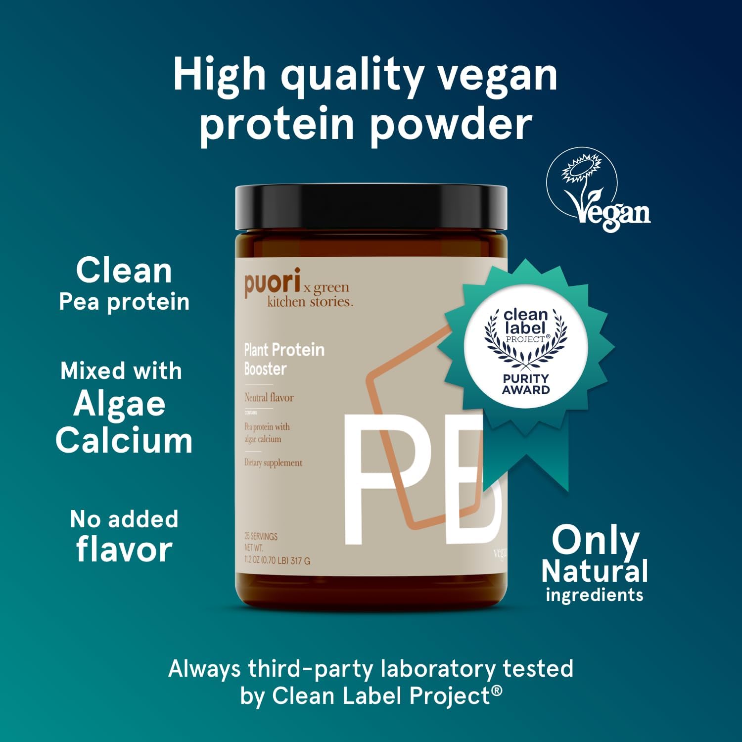 Puori Vegan Plant Protein Powder with Algae Calcium - 25 Servings - Neutral Flavor Pea Protein for Essential Amino Acids - Dairy-Free, Non GMO