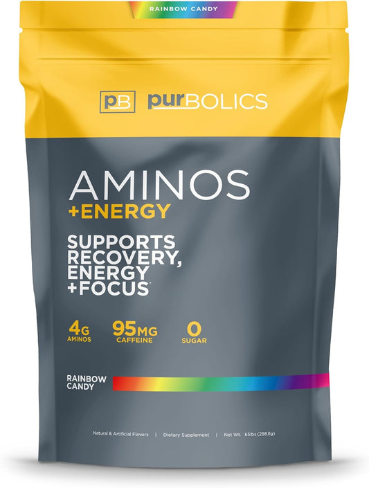Purbolics Aminos + Energy - Supports Recovery, Energy, and Focus with 95mg Caffeine, Zero Sugar - 60 Servings - Rainbow Candy Flavor