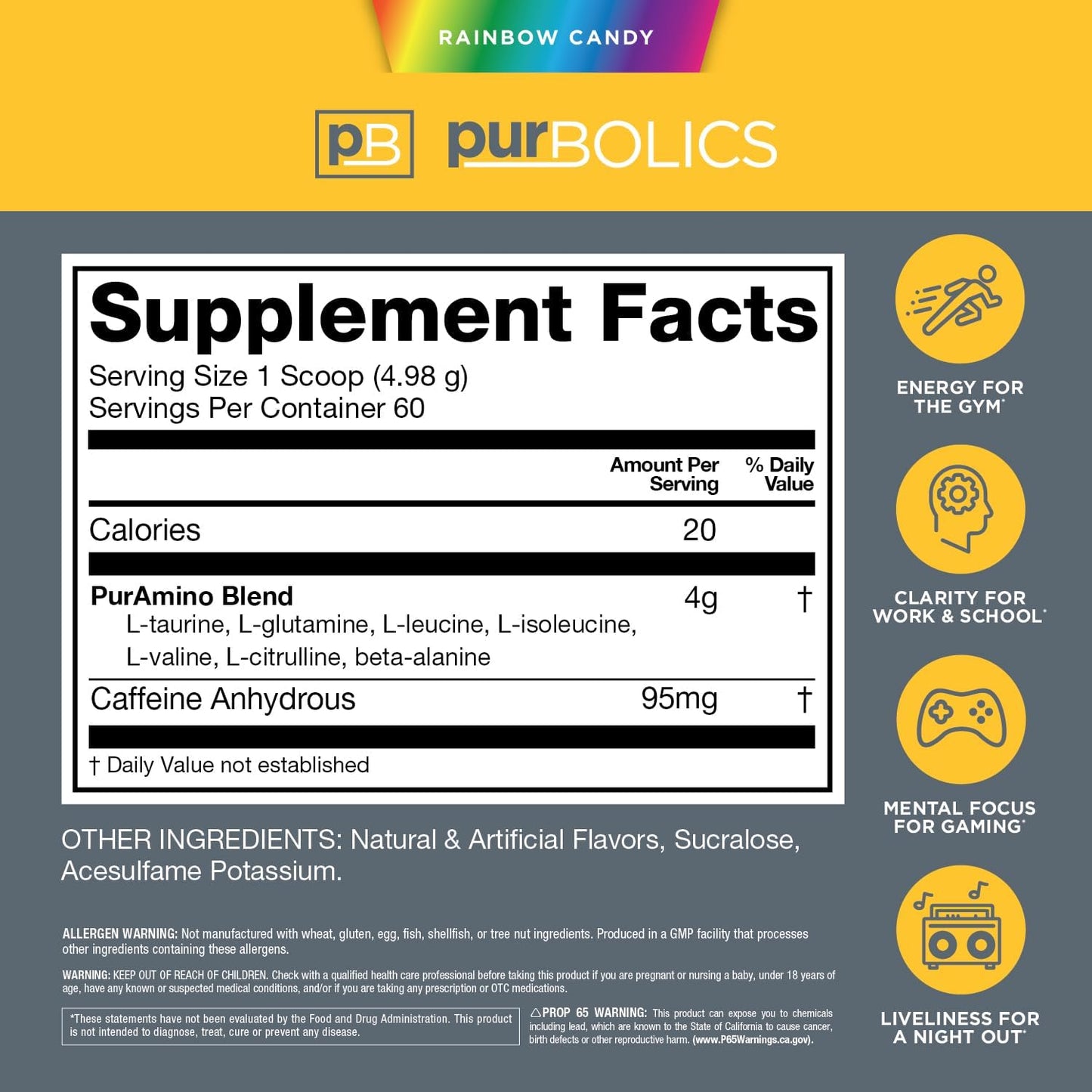 Purbolics Aminos + Energy - Supports Recovery, Energy, and Focus with 95mg Caffeine, Zero Sugar - 60 Servings - Rainbow Candy Flavor