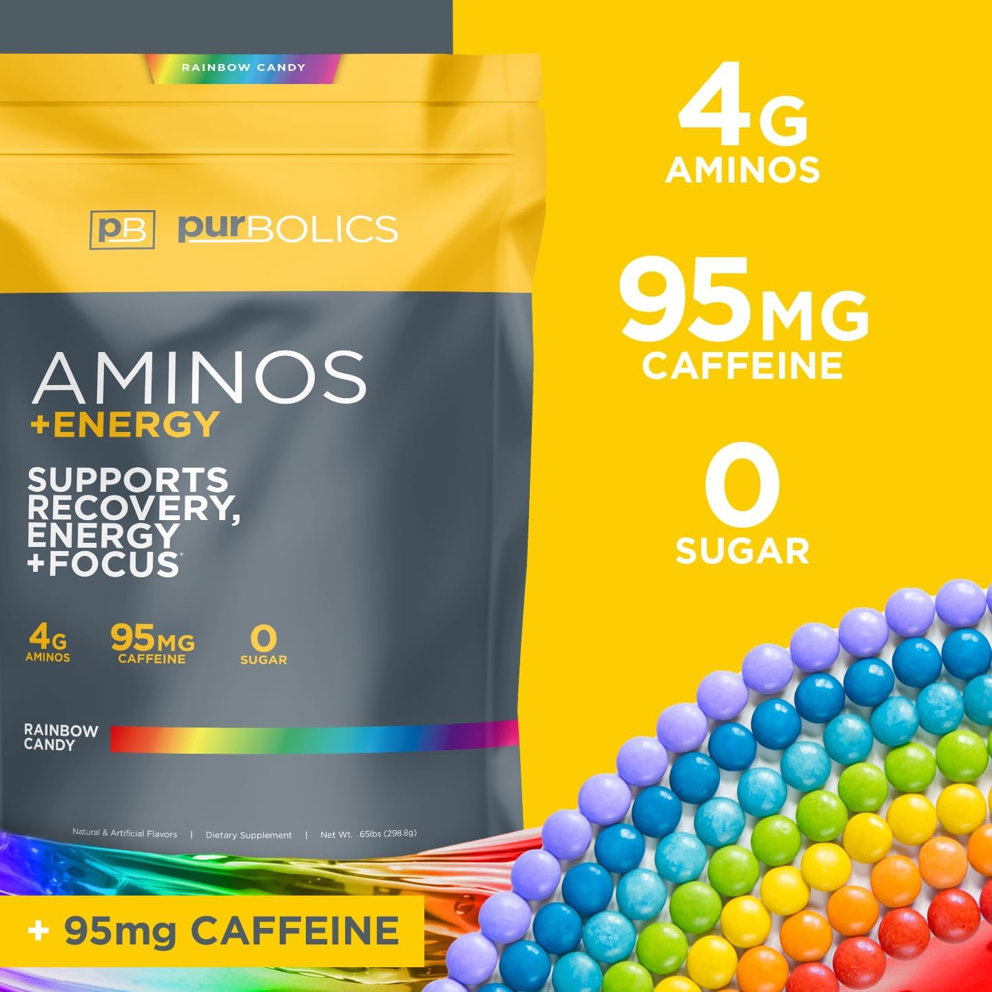 Purbolics Aminos + Energy - Supports Recovery, Energy, and Focus with 95mg Caffeine, Zero Sugar - 60 Servings - Rainbow Candy Flavor