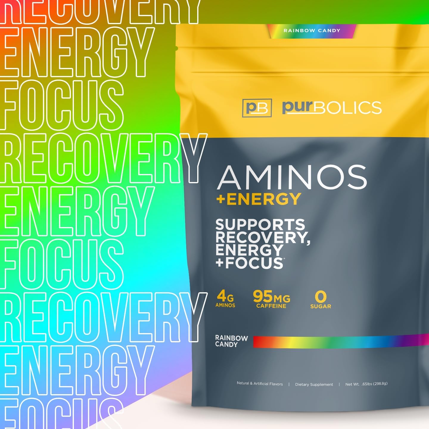 Purbolics Aminos + Energy - Supports Recovery, Energy, and Focus with 95mg Caffeine, Zero Sugar - 60 Servings - Rainbow Candy Flavor