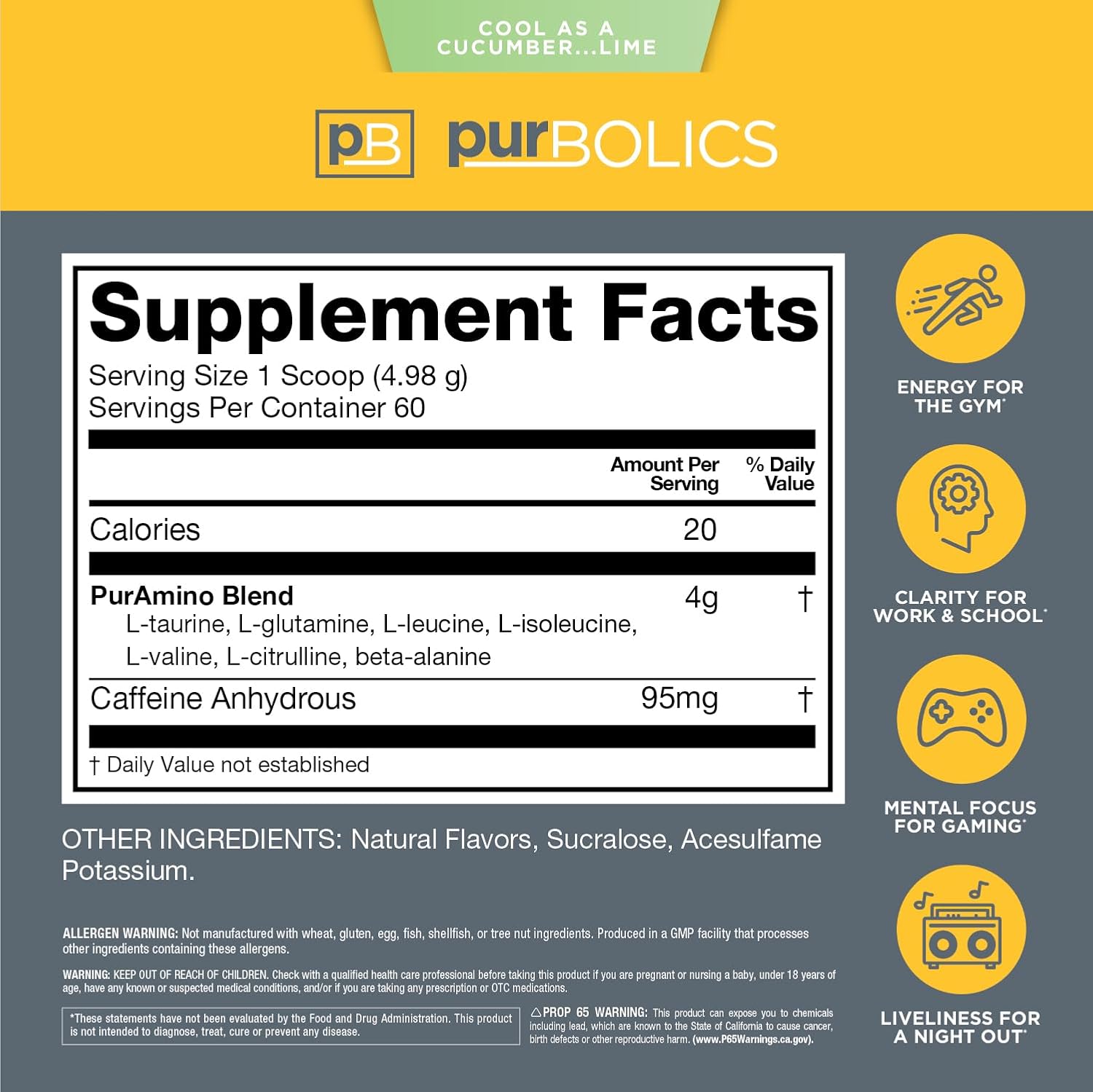 Purbolics Aminos + Energy Drink - Supports Recovery, Energy, and Focus - 95mg Caffeine, 0 Sugar - 60 Servings - Cool Cucumber Lime Flavor