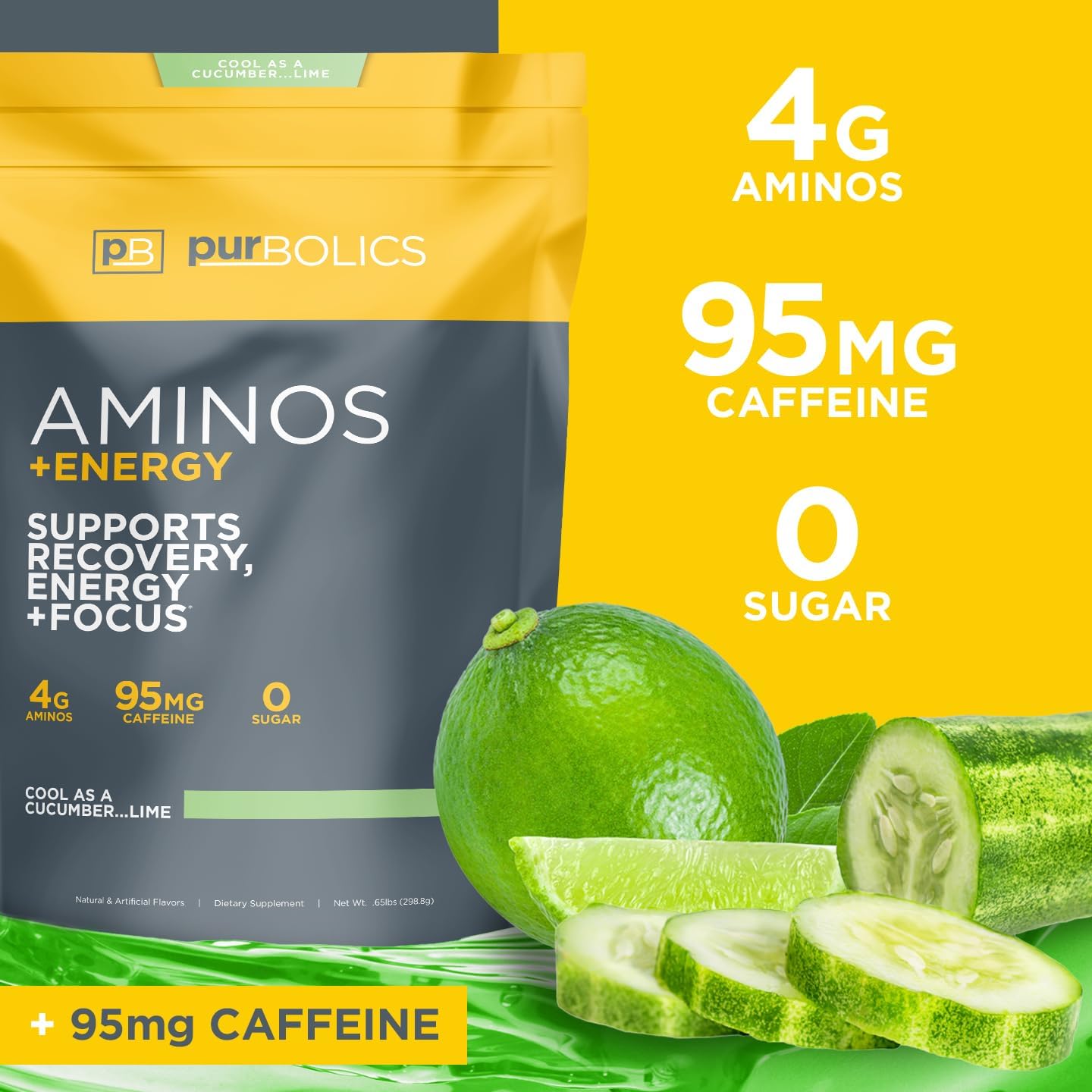 Purbolics Aminos + Energy Drink - Supports Recovery, Energy, and Focus - 95mg Caffeine, 0 Sugar - 60 Servings - Cool Cucumber Lime Flavor