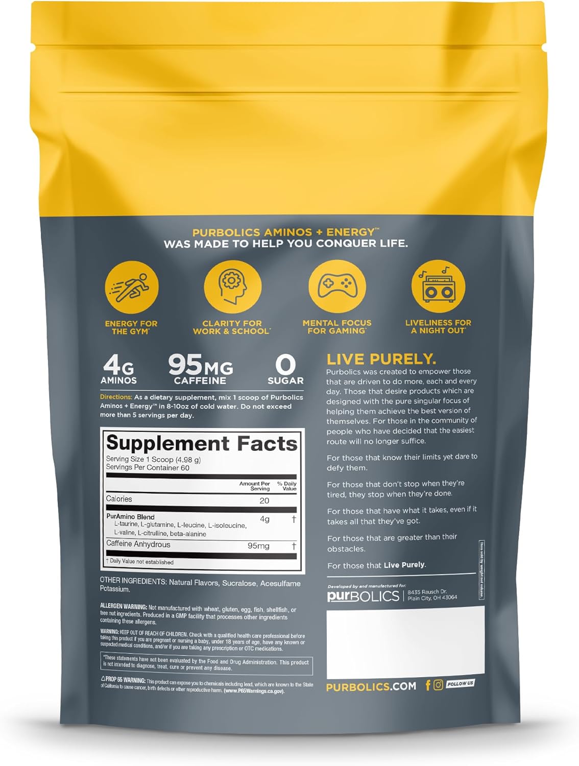 Purbolics Aminos + Energy Drink - Supports Recovery, Energy, and Focus - 95mg Caffeine, 0 Sugar - 60 Servings - Cool Cucumber Lime Flavor